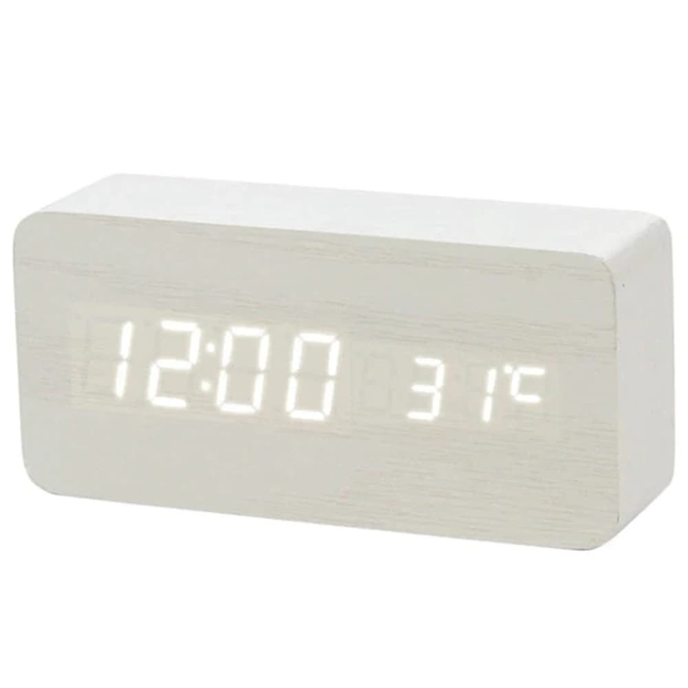 Sveglia Digitale in Legno Multicolore con Controllo Sonoro, Termometro da Tavolo, Display Data USB/AAA