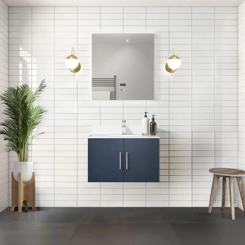 Vanity da bagno blu navy 30"L x 22"D con piano in marmo coltivato e specchio LED da 30" per l'aggiornamento moderno del bagno