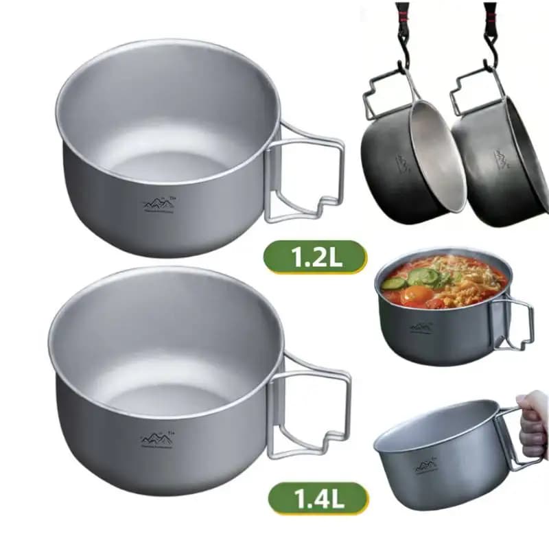 Ciotola da Campeggio Pieghevole in TITANIO 1.2/1.4L, Contenitore per Alimenti in Acciaio Inox con Manico Richiudibile per Picnic, Viaggi