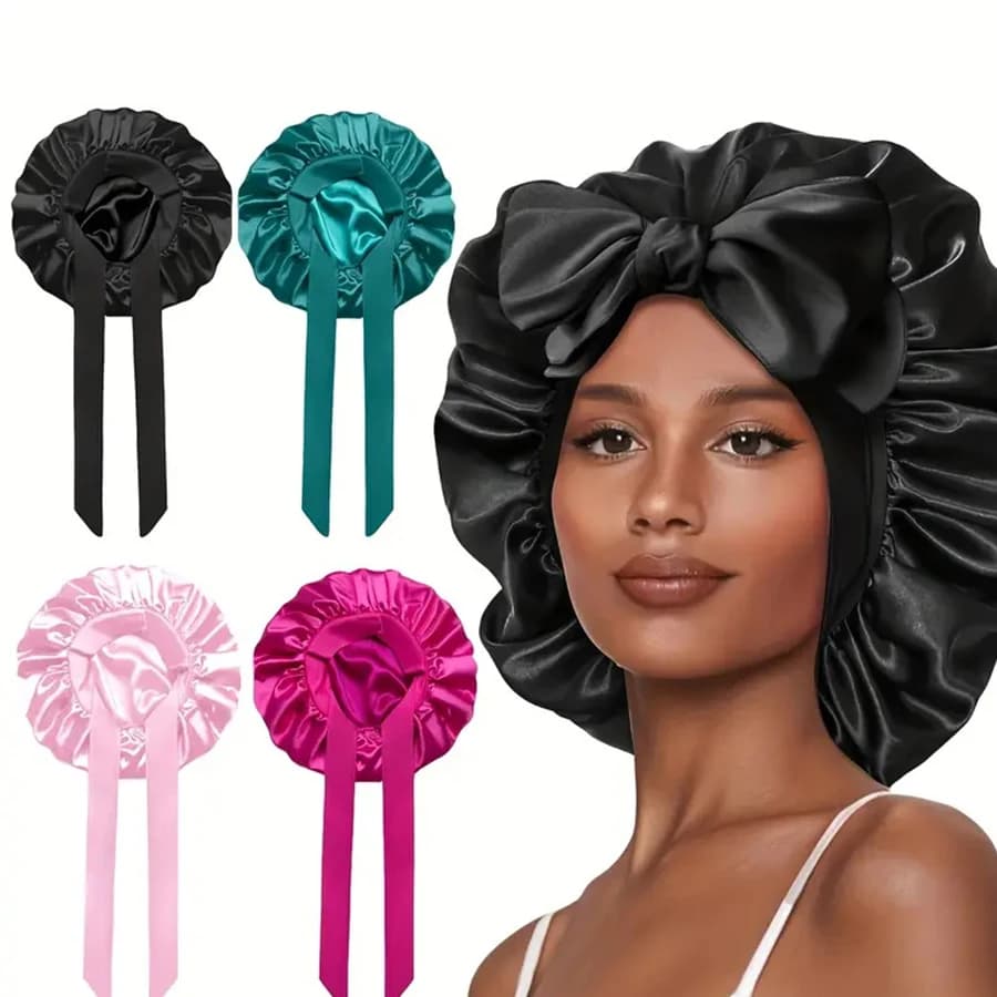 Set di cuffia per capelli e scrunchie in raso da 1 pezzo con cuffia da notte regolabile/ cuffia da bagno a fascia larga elastica per donne e tutti i capelli ricci