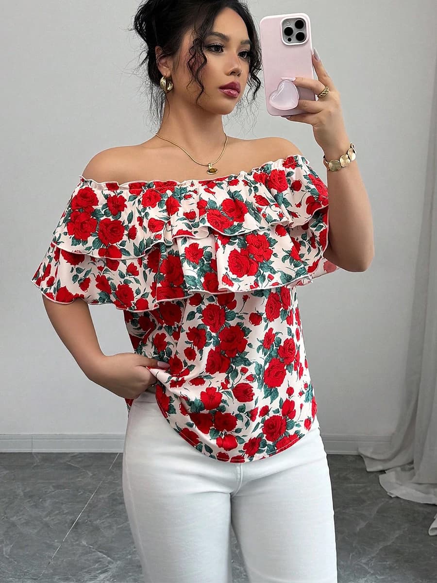 Abbigliamento da donna con bordo plissettato a doppio strato Camicia estiva a maniche corte con spalle scoperte in stile vacanza europea e americana