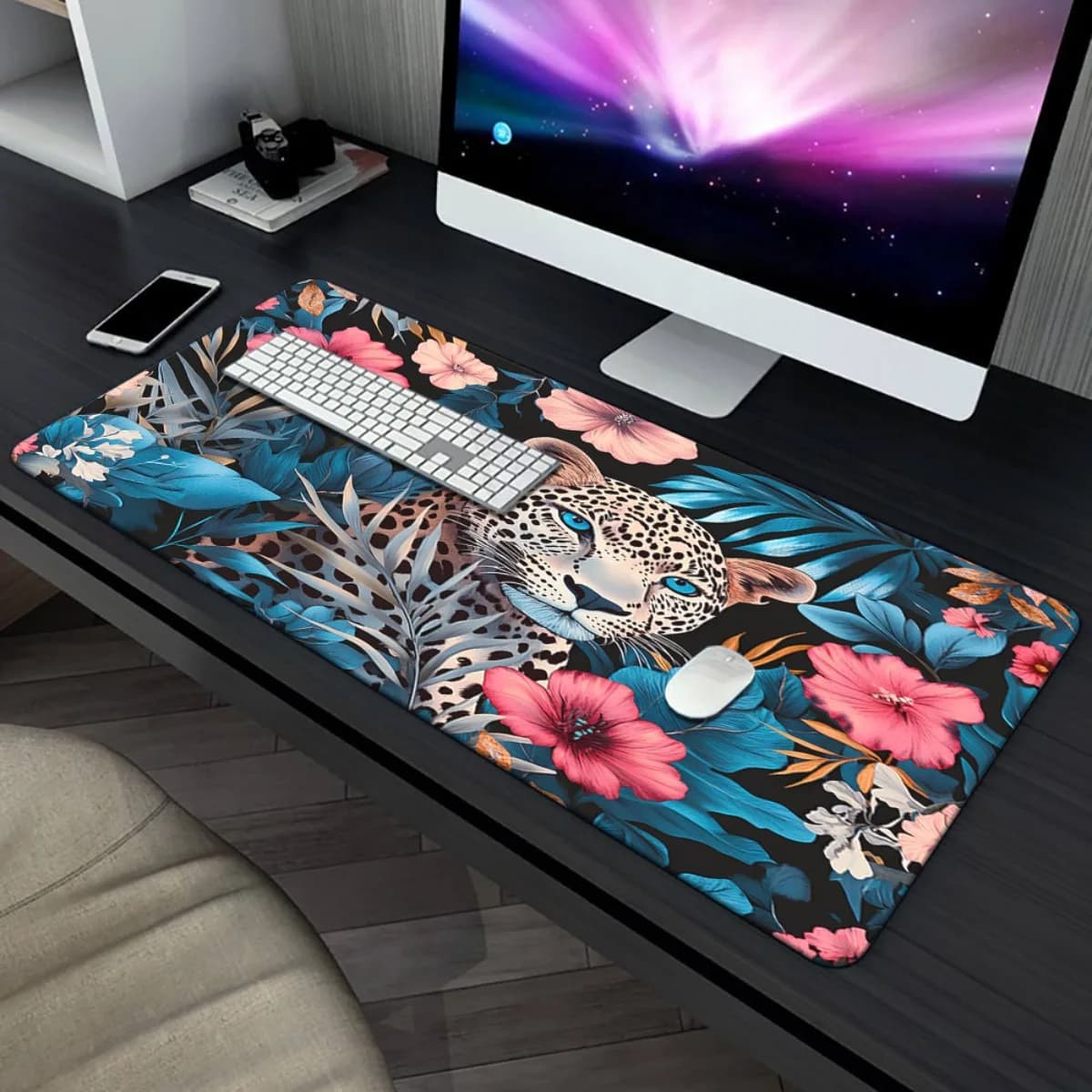 Tappetino per Mouse XXL con Motivo Leopardato Floreale, Antiscivolo in Gomma, Grande Tappetino da Scrivania per Gaming e Ufficio