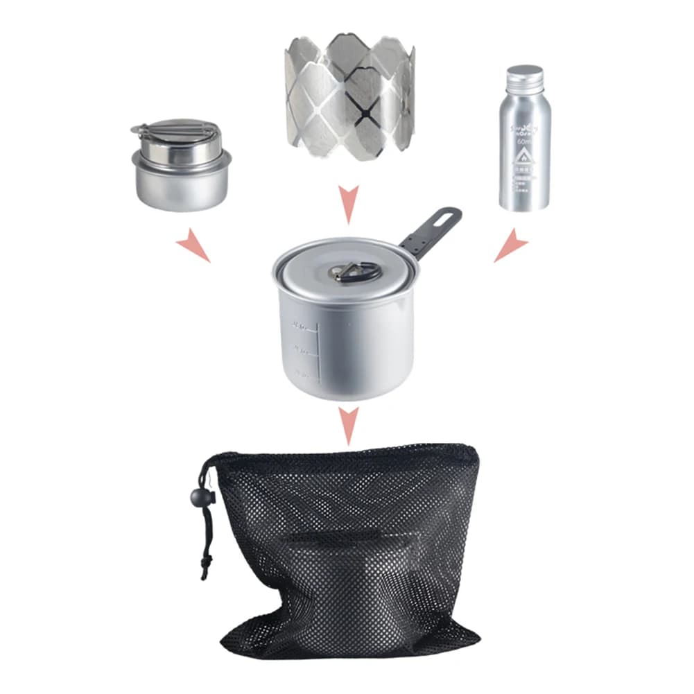 4 in 1, light aluminum multipurpose cooker, windproof support, fuel bottle, portable