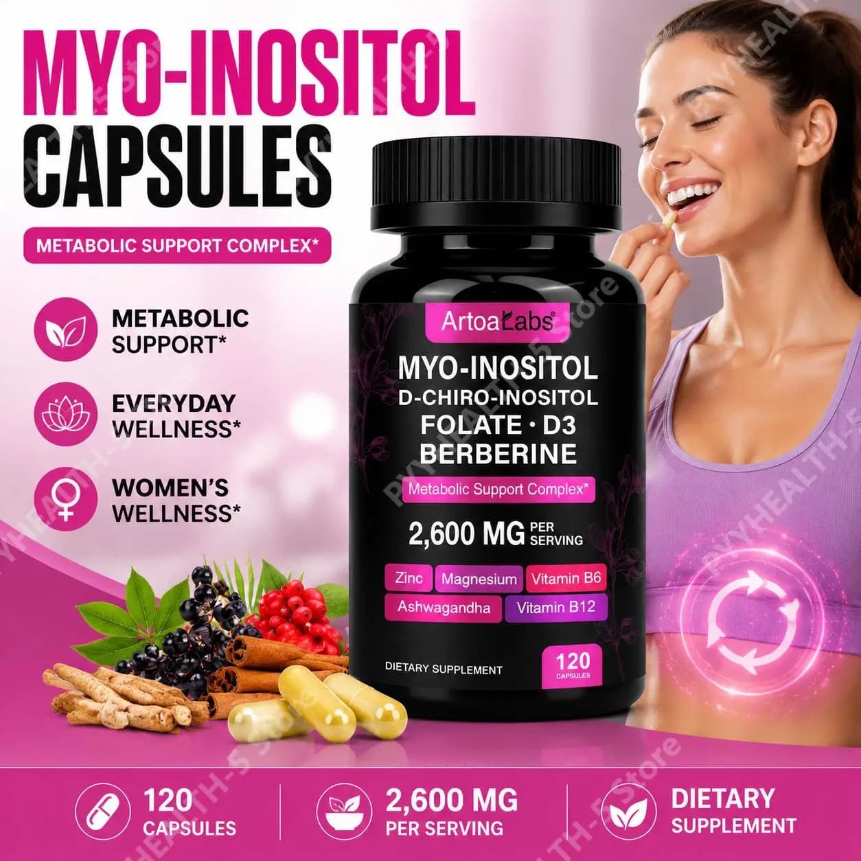Myo-Inositol Capsules with Berberine D-Chiro-Inositol Folate (5-MTHF) Vitamin D3 Myo‑Inositol Supplement for Women 120 Capsules