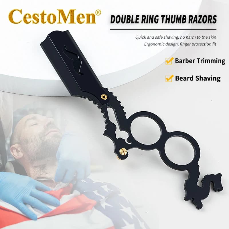 1PC Doppio Anello Pollice Rasoi Dritti Parrucchiere Guarnizioni Taglio di Capelli Strumenti di Rimozione Barba Rasatura Rasoio Barbiere Coltello di Sicurezza Titolare