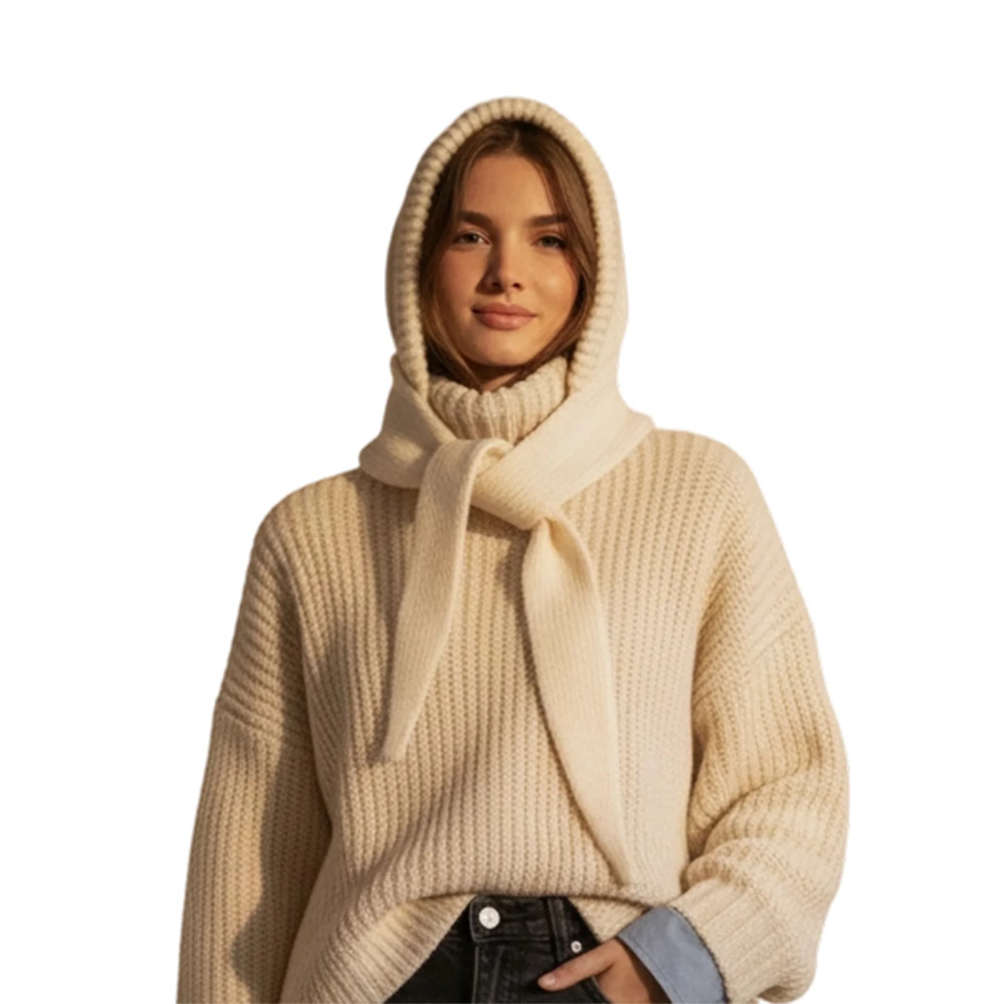 Cappello da donna con sciarpa incorporata, elegante, tinta unita, con bordo a costine, caldo, lavorato a maglia, per l'inverno
