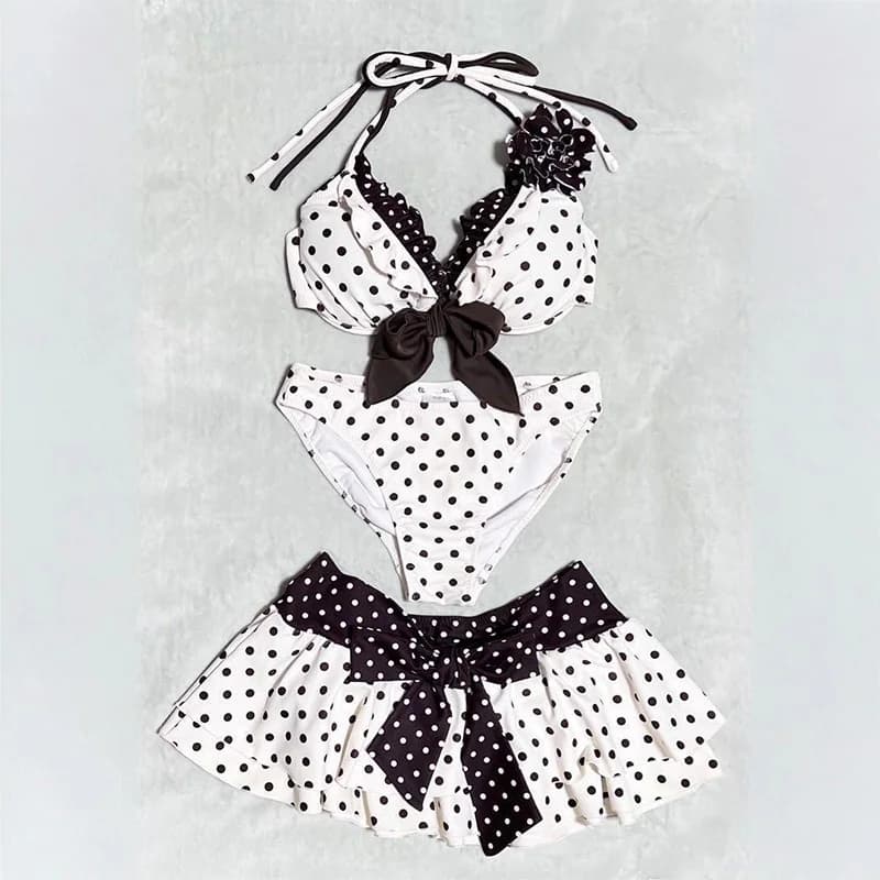 Nuovo Costume da Bagno Stile INS 2026, Sexy e Alla Moda, Top Halterneck a Pois con Fiocco, Gonna da Spiaggia, Set Tre Pezzi Y2k