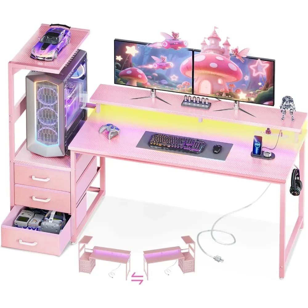 Scrivania da Gaming 59 AODK - Ricarica USB, Illuminazione LED, Design Reversibile con Vano Portaoggetti e Supporto Monitor