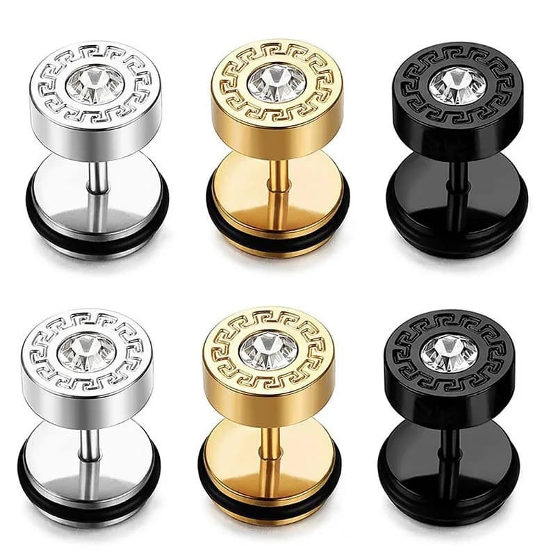Niche Hip-Hop Style Earrings, Barbell Design with Patterned Rhinestone Inlay, Available in Gold, Silver and Black, Eye-catching Accessories for Trendy Daily Looks