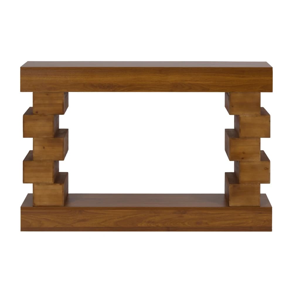 Tavolo consolle in legno impilato a blocchi geometrici con finitura naturale calda e piano in marmo