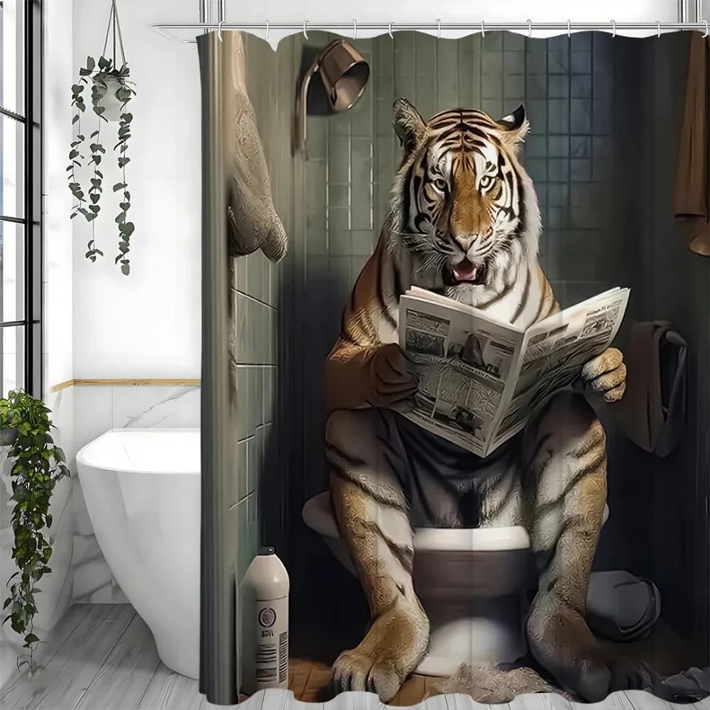 Funny Tiger Toilet Reading Shower Curtain, Bathroom Decorative Shower Curtain, Waterproof Shower Curtain with Hooks