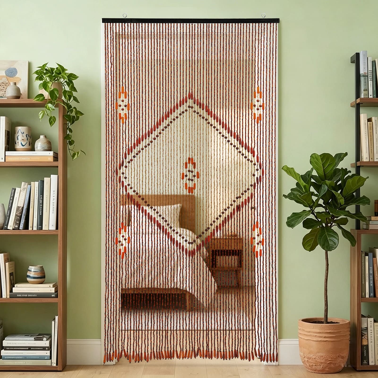 Retro Bohemian Wooden Bead Curtain 60 Strands Brown Wood Door Curtain 90*195cm No Assembly Required Partition Beaded Screen Curtain for Doorway Home Decor