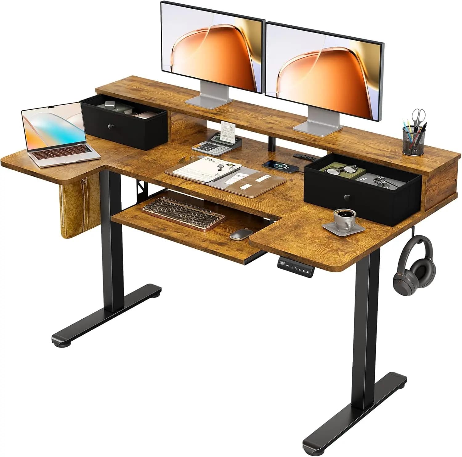 55 Inch U-Shaped Electric Height Adjustable Standing Desk with Drawers, Keyboard Tray, Ergonomic Monitor Stand, and Power Outlets, Sit-Stand Table for Home Office, Rustic Brown