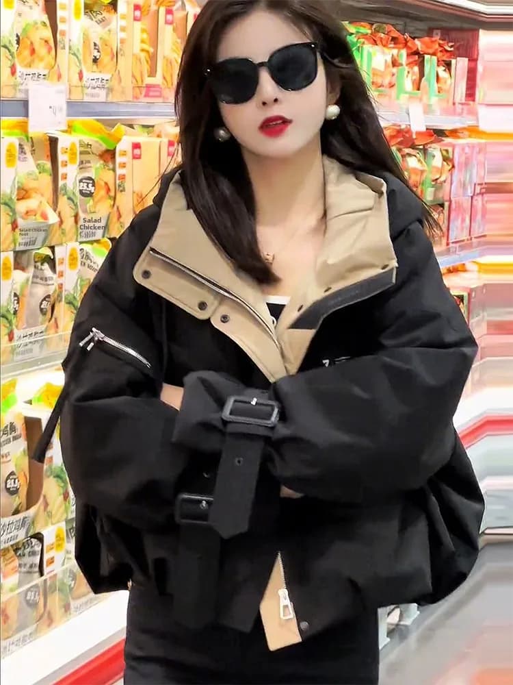 Fashionable Hooded Short Thickened Cotton Jacket Women's Winter New Loose Coat Outerwear Korean Style Commute Zipper Pure Color