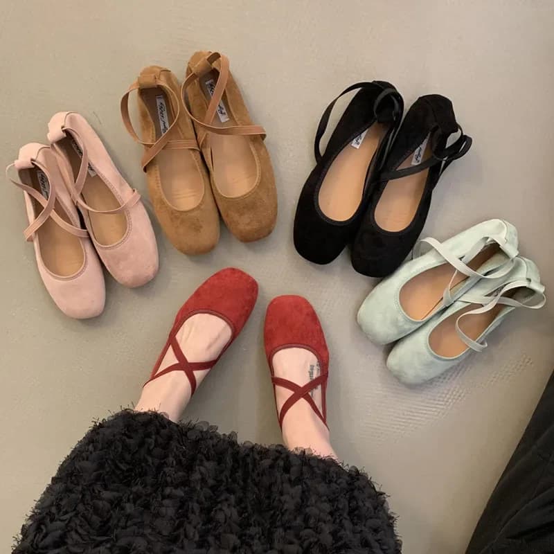 Women's Ballet Flats Velvet Thin Shoes Mary Jane Loafers Square Toe Pumps Elastic Band Slip-on Casual Shoes Soft Lady Work Shoes