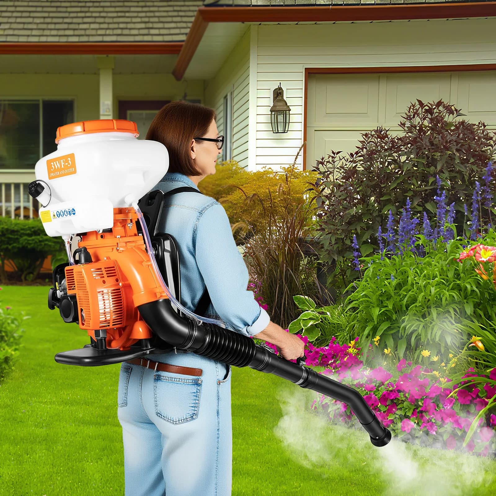 3WF-3 Gas Powered Backpack Sprayer Duster 14L/3.7Gal 2-Stroke 2.13kW 41.5CC Manual Start Mist Blower Wide 12m Spraying Range Lightweight 10.6kg Farm Pesticide Disinfectant Fertilizer Granule Fogging Machine with Shock Absorbing Backrest