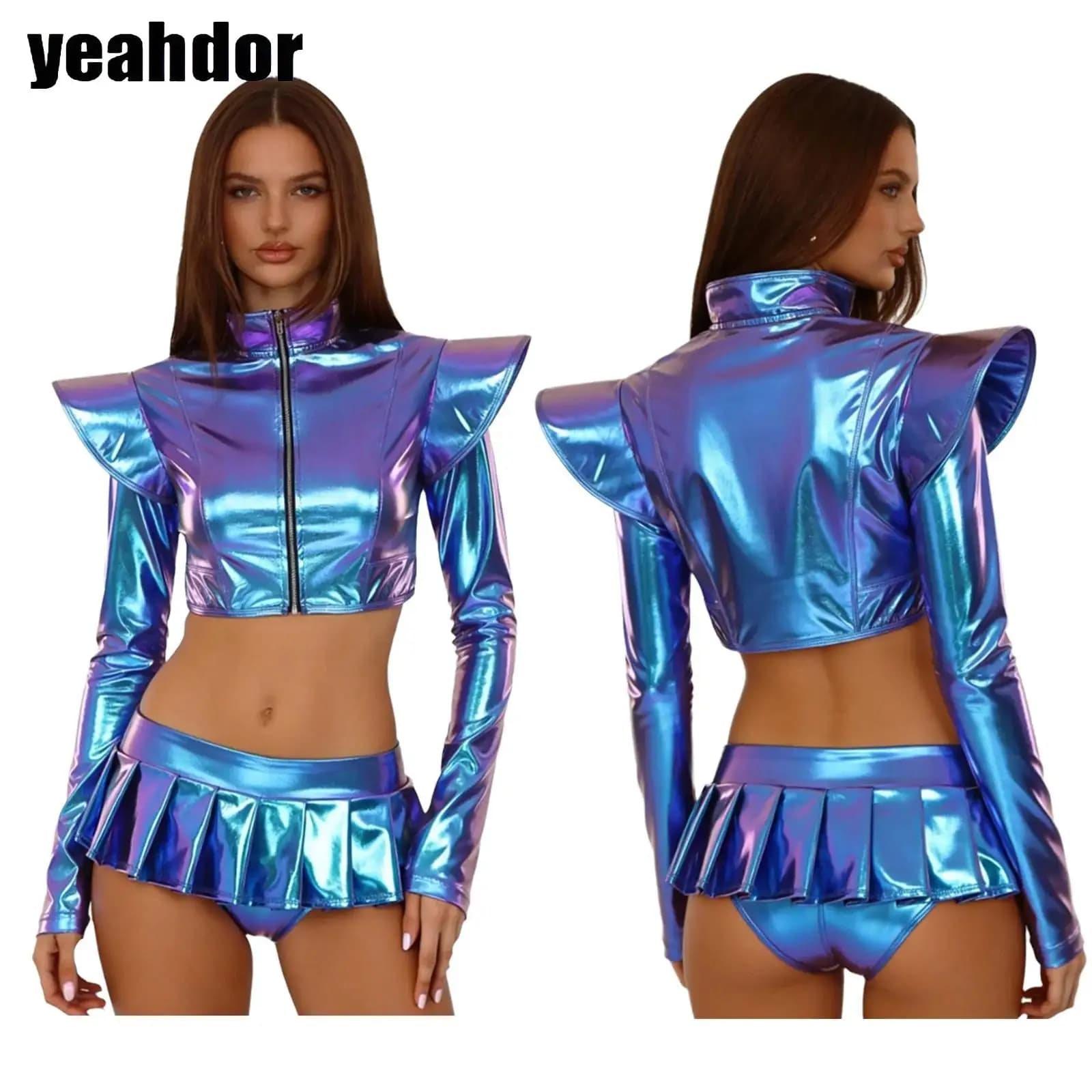 Costume cosplay da donna alieno spazio esterno astronauta robot vestito top corto con cerniera con gonna abiti da gioco di ruolo pole dance clubwear