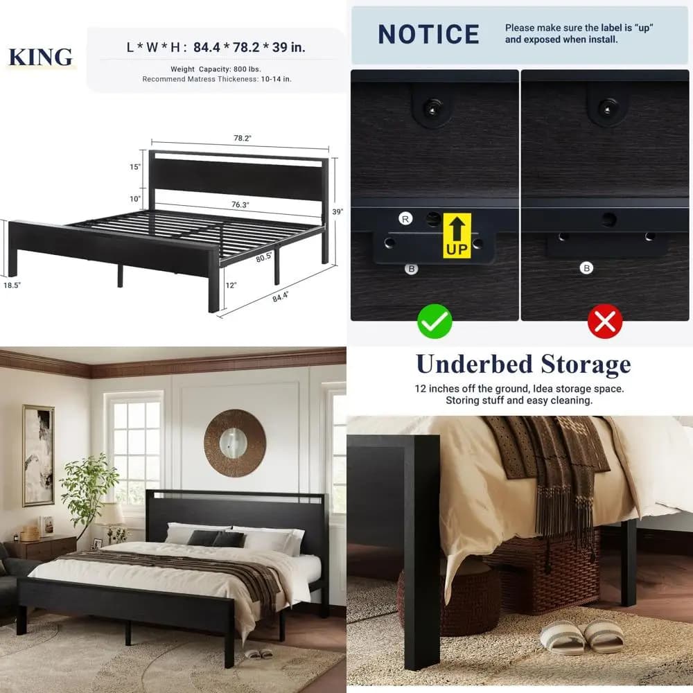 King Size Bed with Wooden Dows Support, Robust, Without Box Spring, Substant Container, Quiet, Easy to Fit, Black