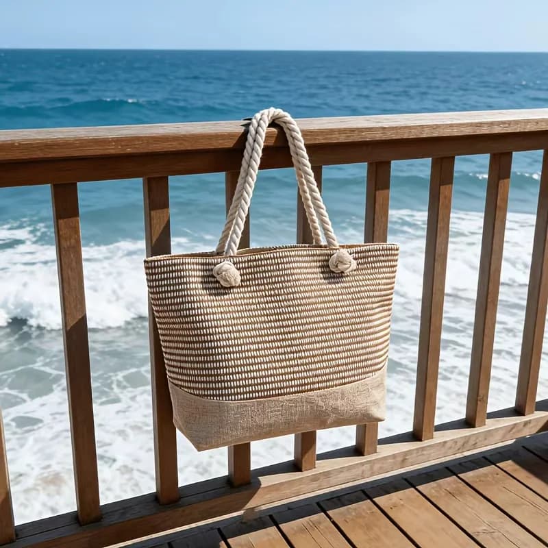 Women's Large Capacity Brown and White Striped Tote Bag, Rope Handle Spliced Handbag, Beach Vacation Travel Bag