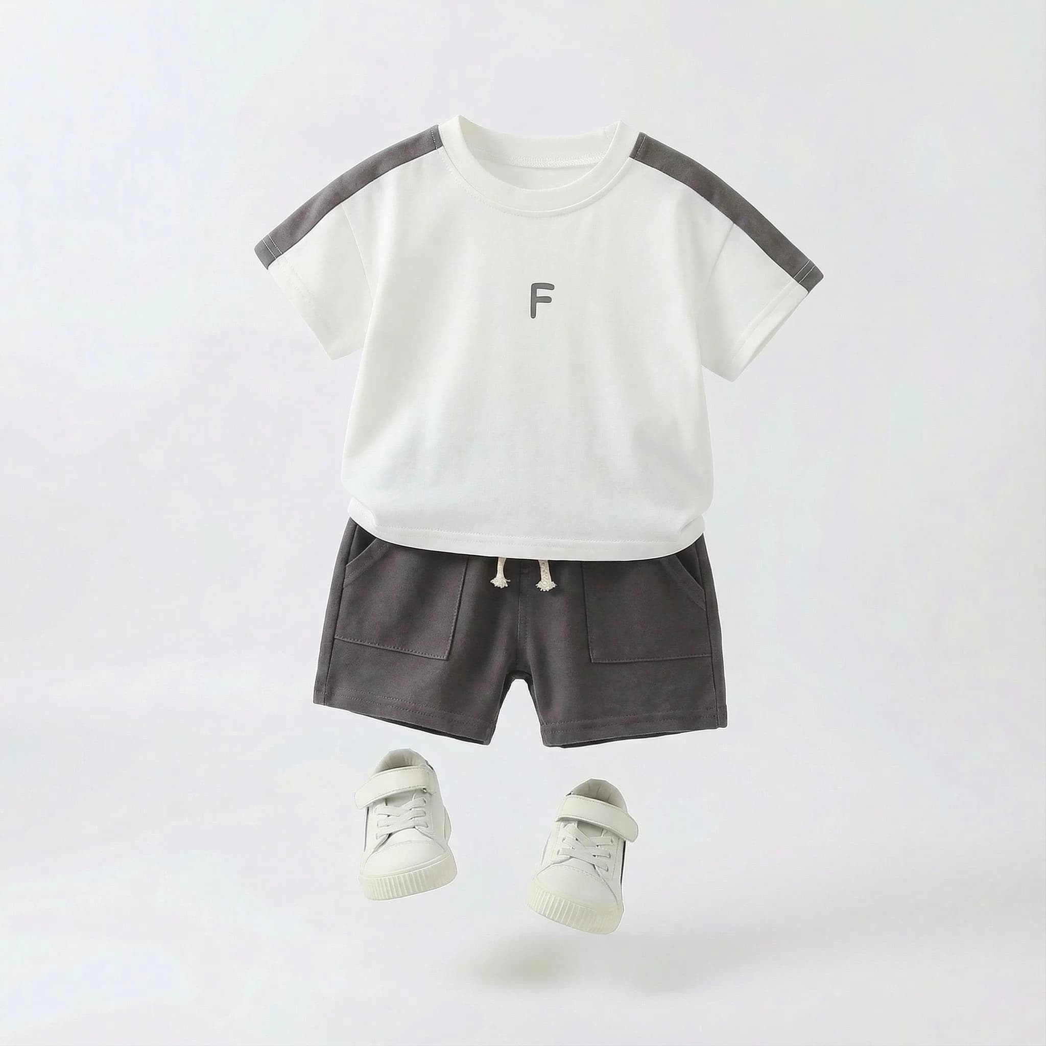 Toddler Baby Boys 2Pcs Summer Outfit, Casual Short Sleeve Color Block T-Shirt with Letter F Embroidery + Elastic Waist Drawstring Shorts, Soft Cotton Tracksuit for 1-5 Years Old Kids