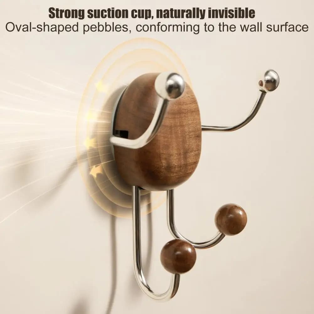 Bathroom Suction Hooks Solid Wood Wall Mounted Organizer Rustic Wooden Suction Cup Hook Rack with 4 Stainless Steel for Entryway