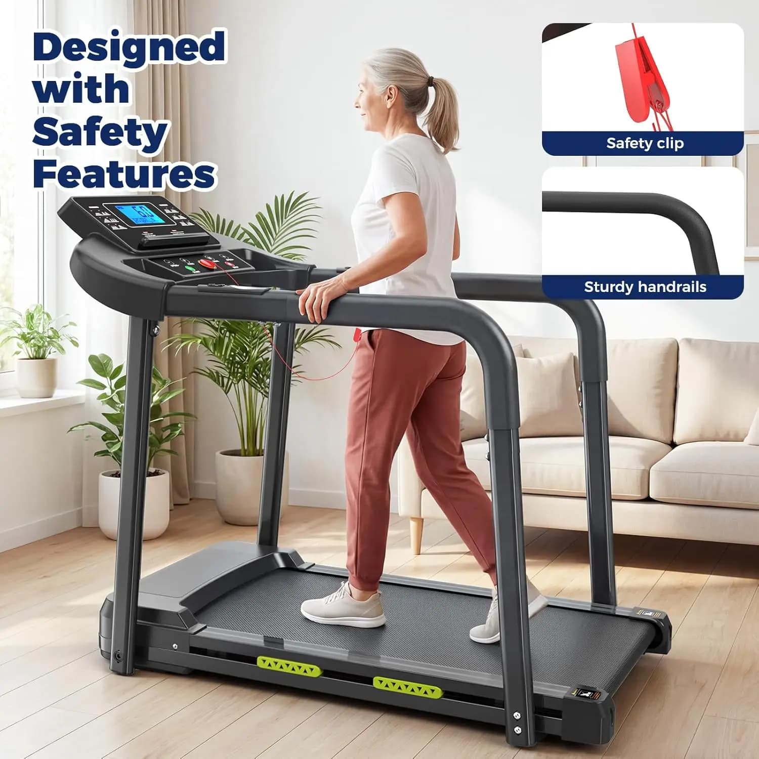 Tapis Roulant Domestico per Anziani, per Camminata e Corsa, con Corrimano Lunghi, Cardiofrequenzimetro, Nastro Largo, 2.5HP, 300 libbre, Supporto per Tablet e Portabicchieri
