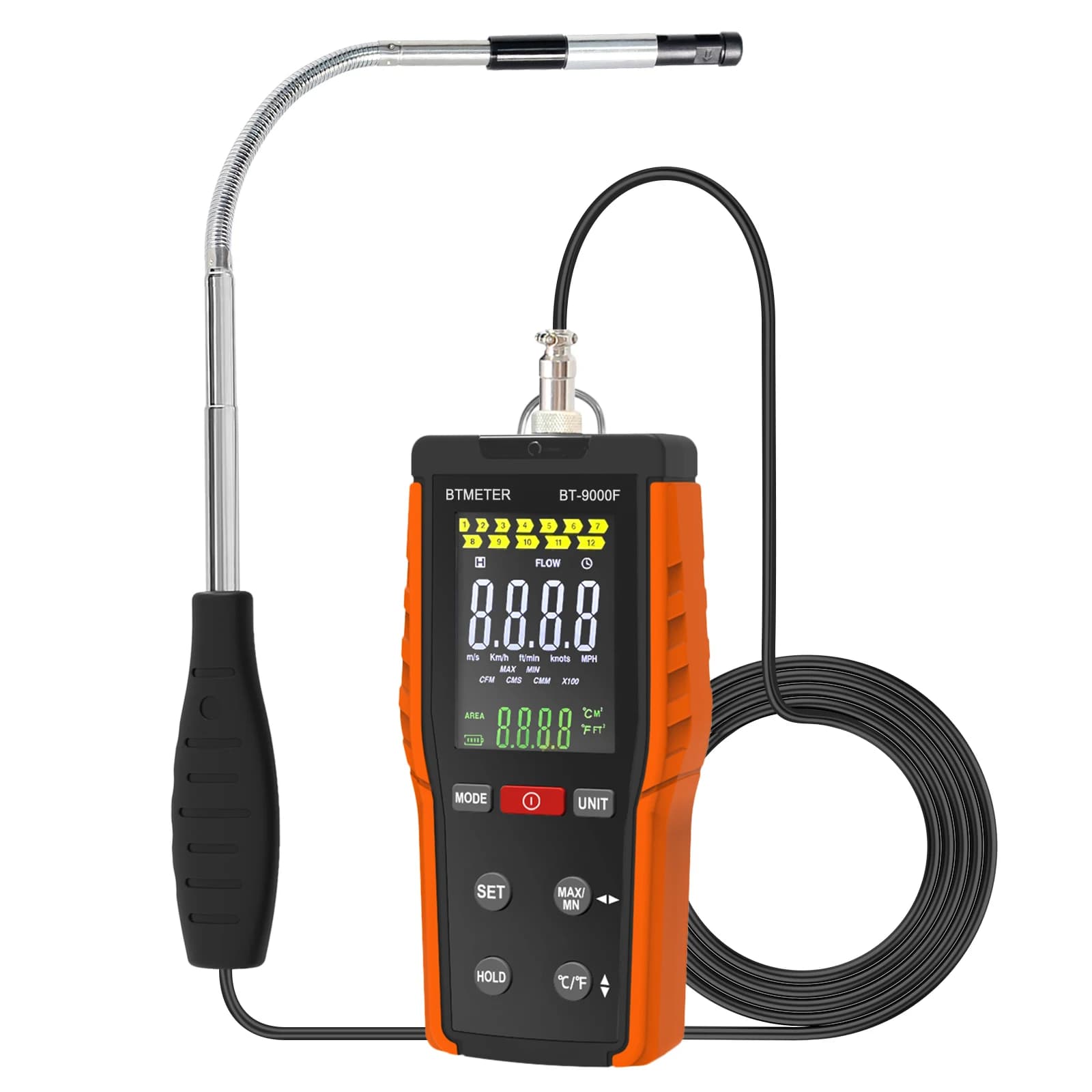 9000F Professional Telescopic Hot-wire Anemometer for HVAC Air Duct Ventilation Wind Speed Air Flow Meter with Telescopic Sensor