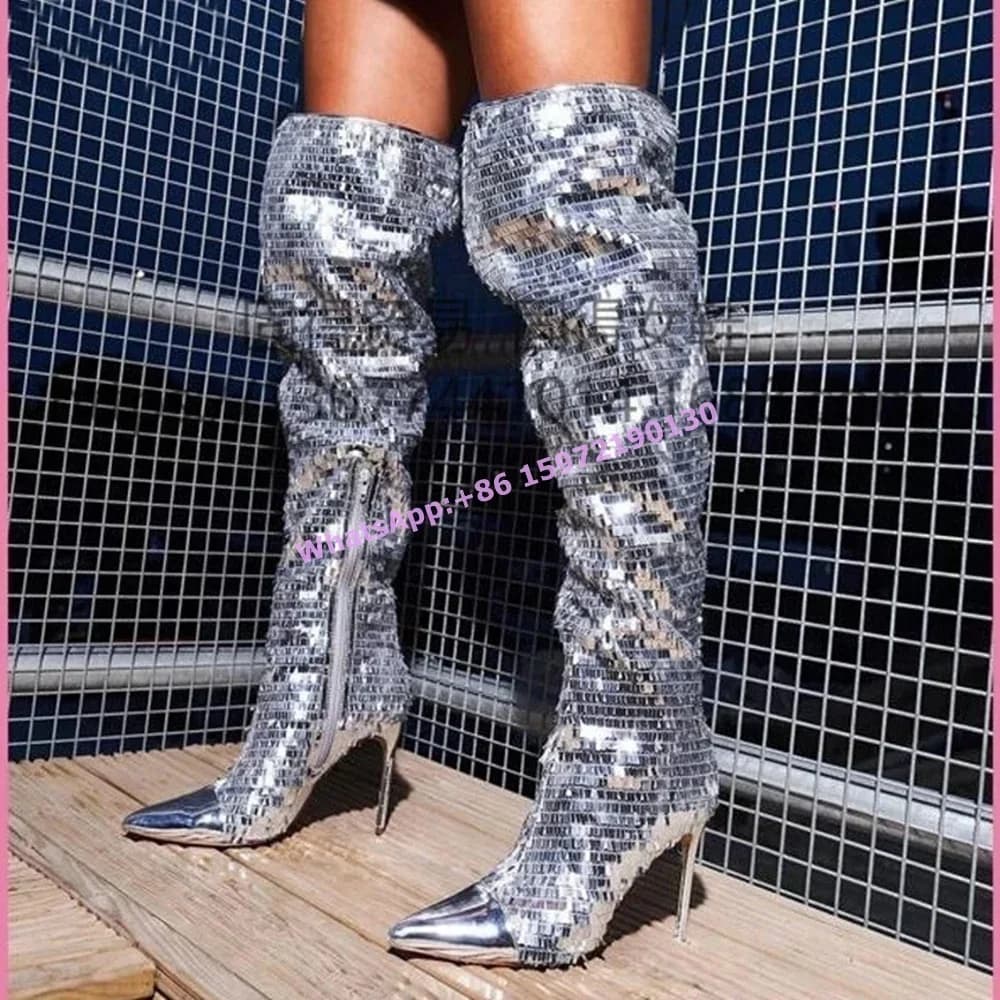 Stivali sopra il ginocchio argentati scintillanti Solido lusso Punta a punta Tacchi sottili Cerniera laterale Scarpe lucide Hotties Runway Scarpe eleganti