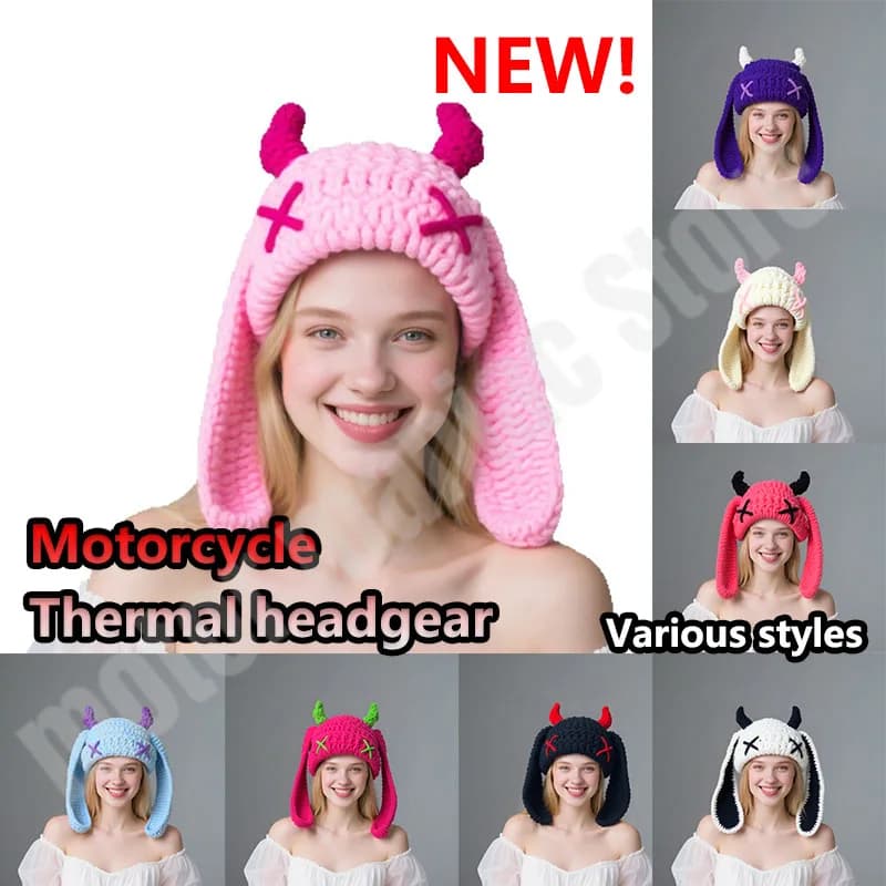 Y2K Orecchie lunghe Copri casco caldo Viaggio invernale Berretti lavorati a maglia Berretto per donna Versatile Divertente Pullover Cappelli Capacete De Moto