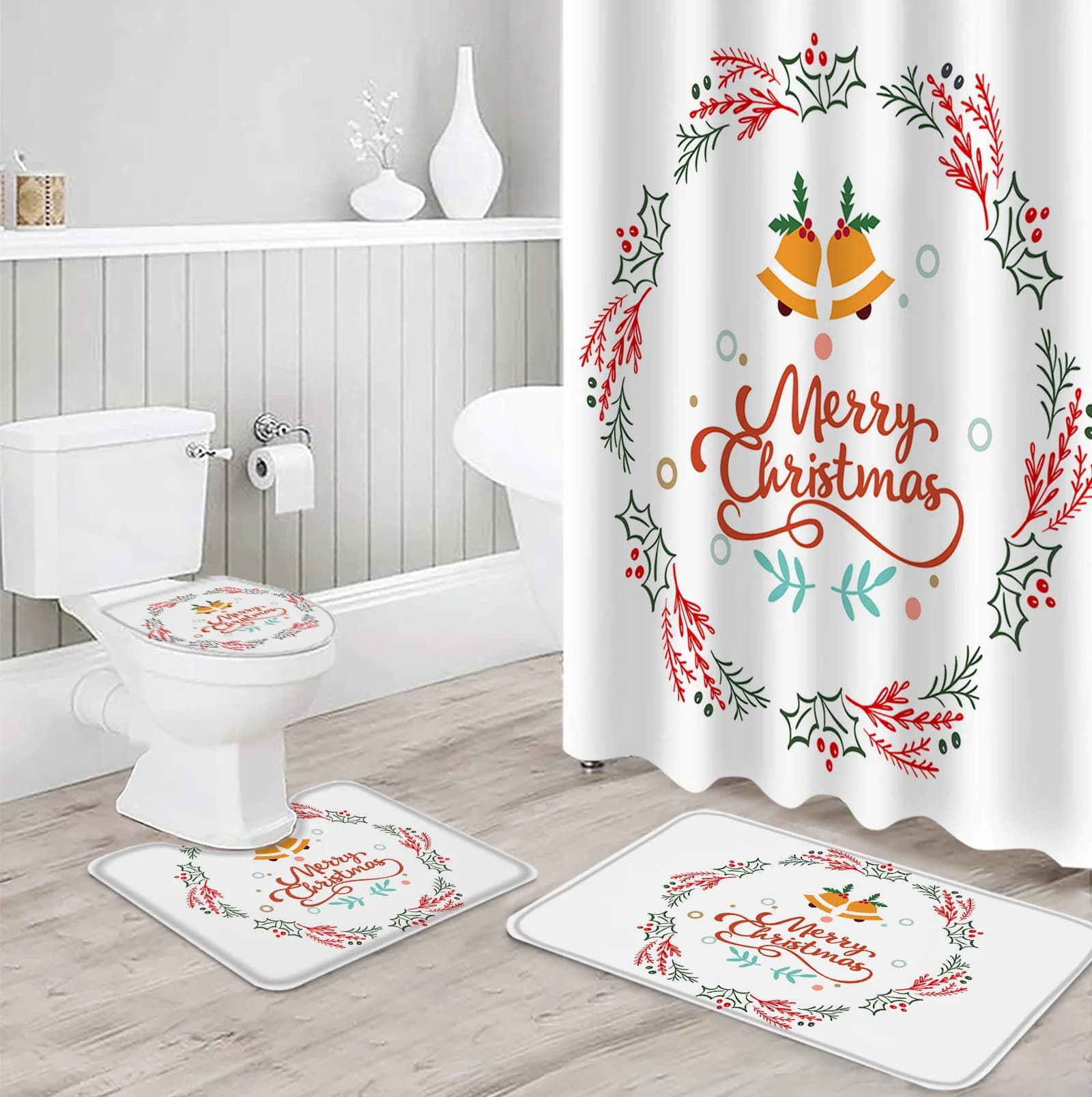 4PCS Christmas Red Decor Decorative Ball Shower Curtain Snow Bathroom Set Festivals Curtains for Bathroom with Hooks 72x72 Inch