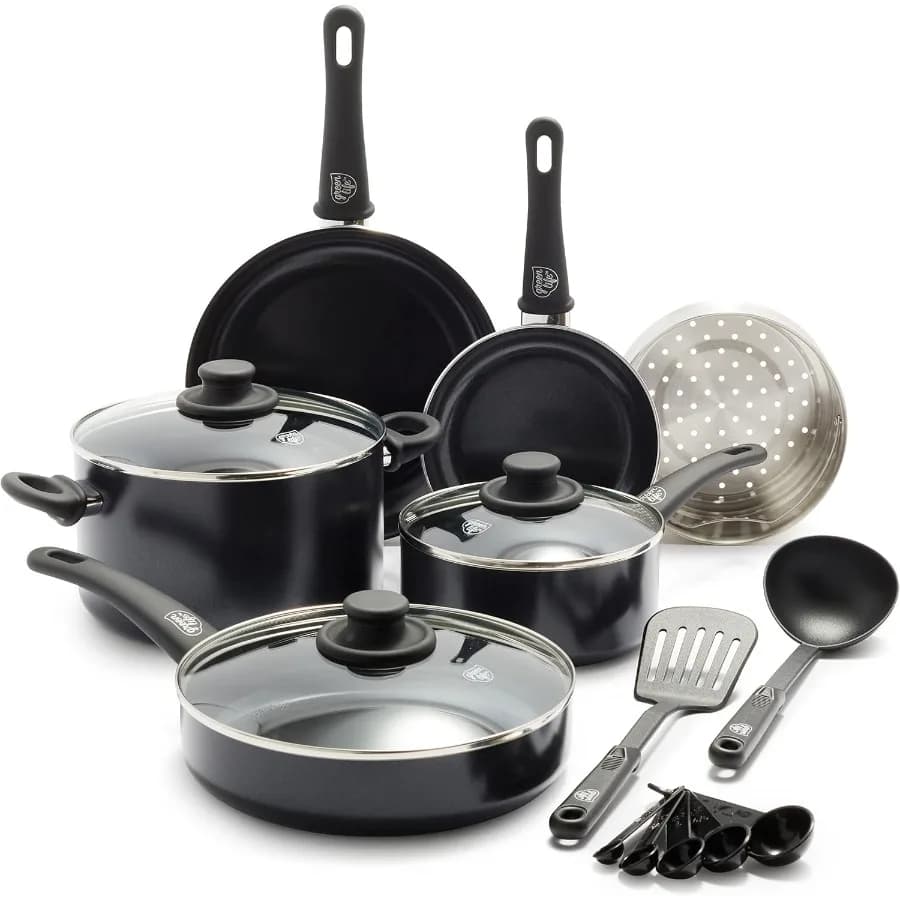 Set di pentole da cucina antiaderenti in ceramica sana da 12 pezzi con impugnatura morbida e padelle per salsa per friggere PFASFree con utensile da cucina