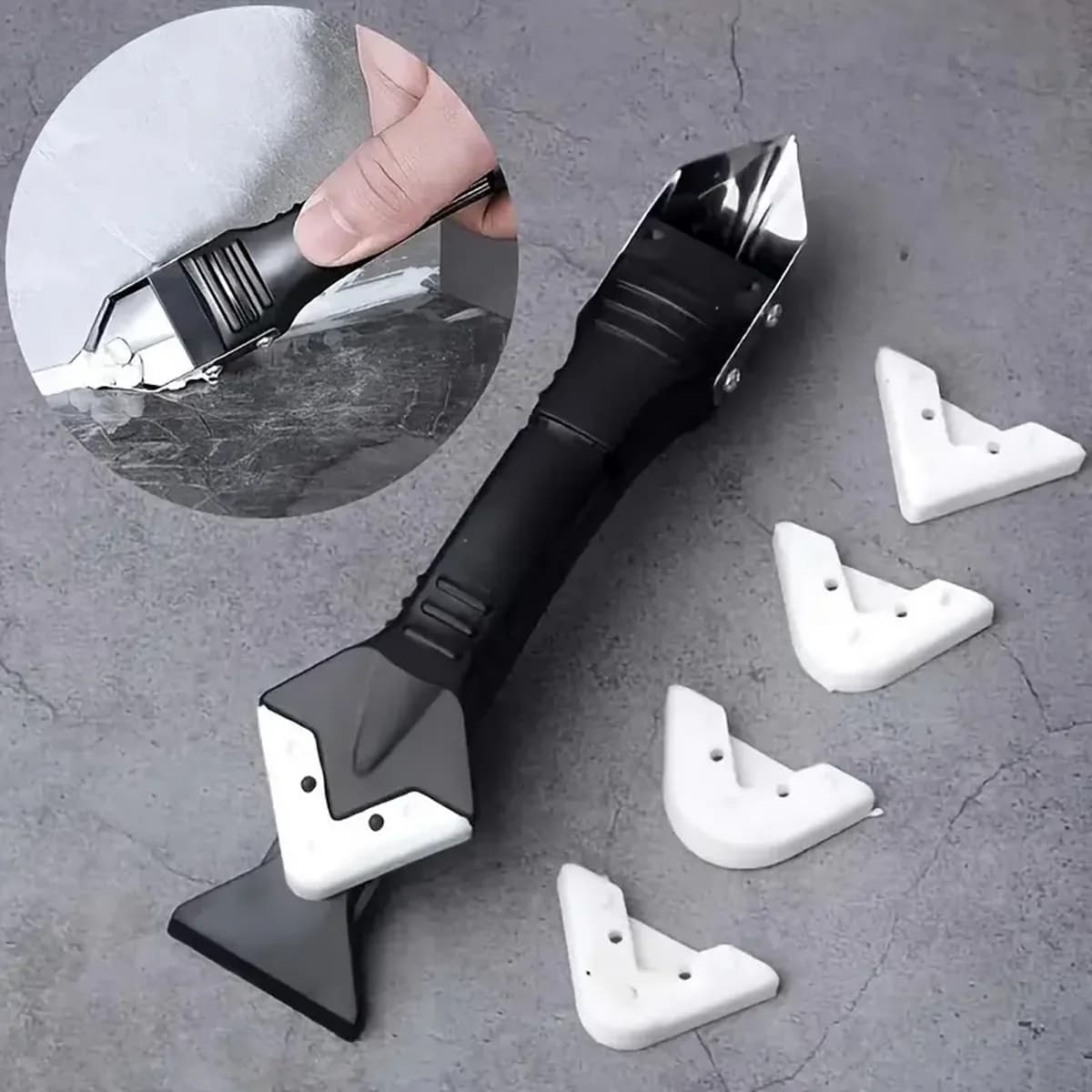 Spatola per colla in silicone multifunzionale, coltello per rimozione cuciture di bellezza ad angolo per piastrelle in ceramica/testa metallica Strumento per sigillare cuciture in silicone 5 in 1