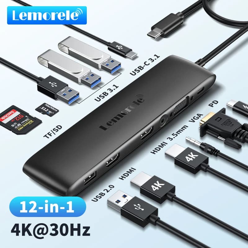 Lemorele TC97 Hub USB USB 3.1 Dock Station USBC a Dual HDMI 4K 10Gpbs Tipo-C 100W Adattatore VGA USBC 3.1 per MacBook Windows
