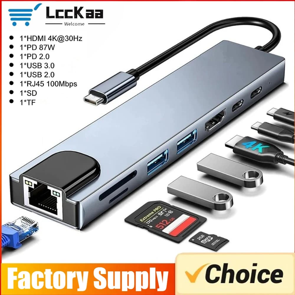 8in1 USB C HUB Type C Splitter 4K Thunderbolt 3 Docking Station Laptop Adapter for Macbook Air M1 iPad Pro RJ45 HDTV Computer