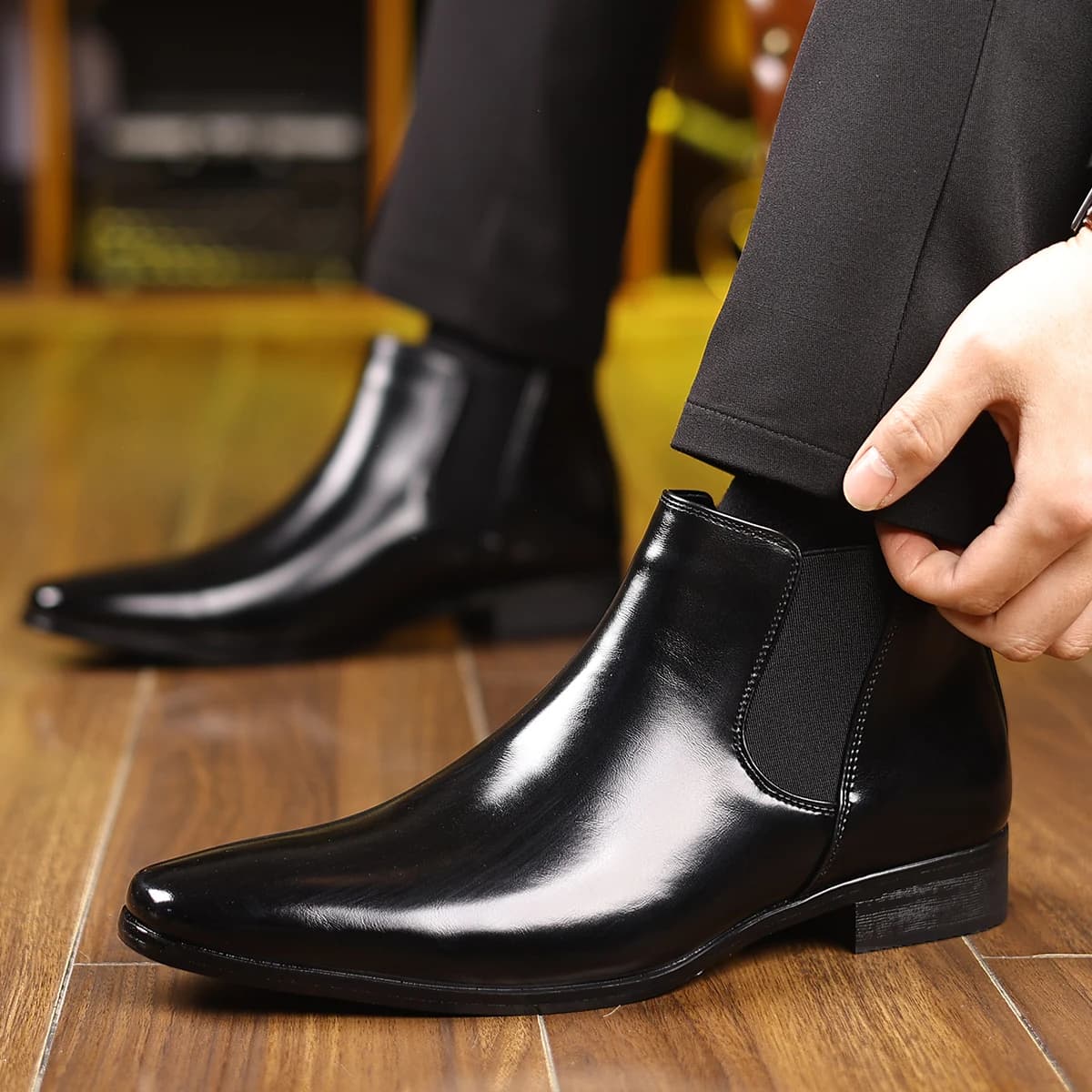 British and Korean Style Trendy Men's Casual High-top Leather Shoes Brock Riding Boots Chelsea Pointed Business Ankle Boots