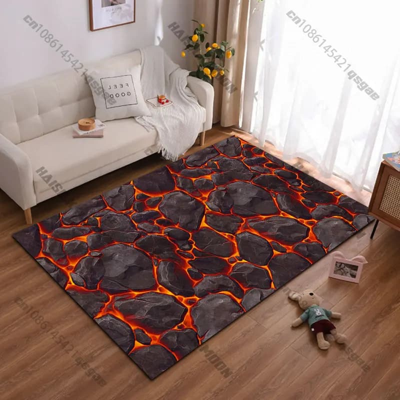Carpet with pattern fussed lava between dark rocks, for yoga, decoration living room, mat for children's catwalk, zerbino, decorative carpet, game mat