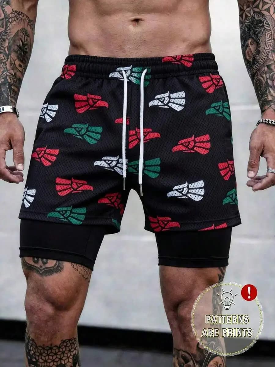 Mens Printed Casual Shorts Woven Polyester Loose Fit Drawstring Waist