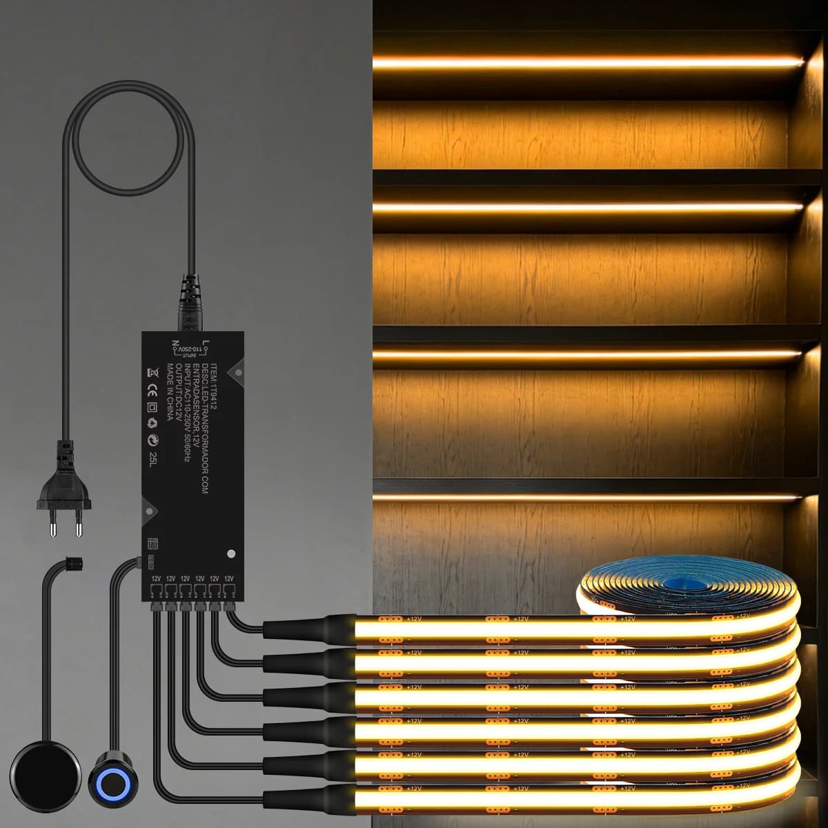 Luce LED 12V con interruttore touch penetrabile, 3/5/10 pezzi di nastro luminoso COB nero dimmerabile per illuminazione decorativa a parete e soffitto