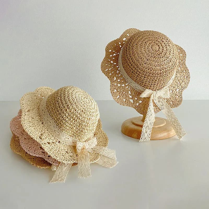 Straw hat for girl with lace bow Summer sun hats for children Travel Beach Children Large 2-5 year long stretch fisherman hats for children sun protection