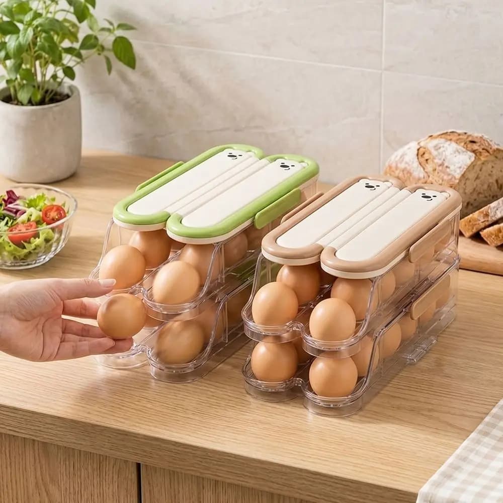 Food Grade Automatic Rolling Egg Container Transparent Large Capacity Egg Storage Box Space Saving with Lid Large Egg Holder