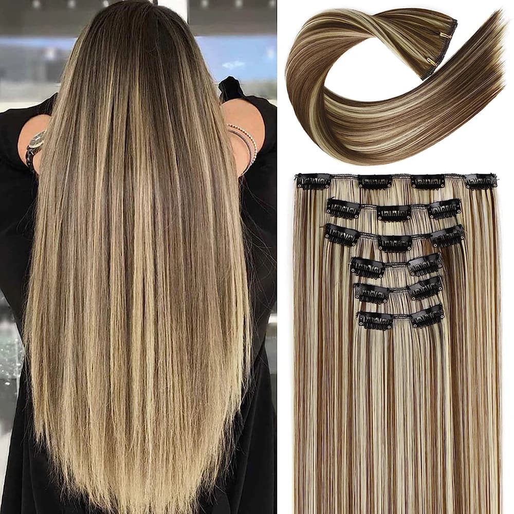 Clip sintetica sull'estensione dei capelli 6 pezzi / set parrucchino dritto da 22 pollici ricci 16 clip in fibra resistente al calore Ombre per uso donna ragazza