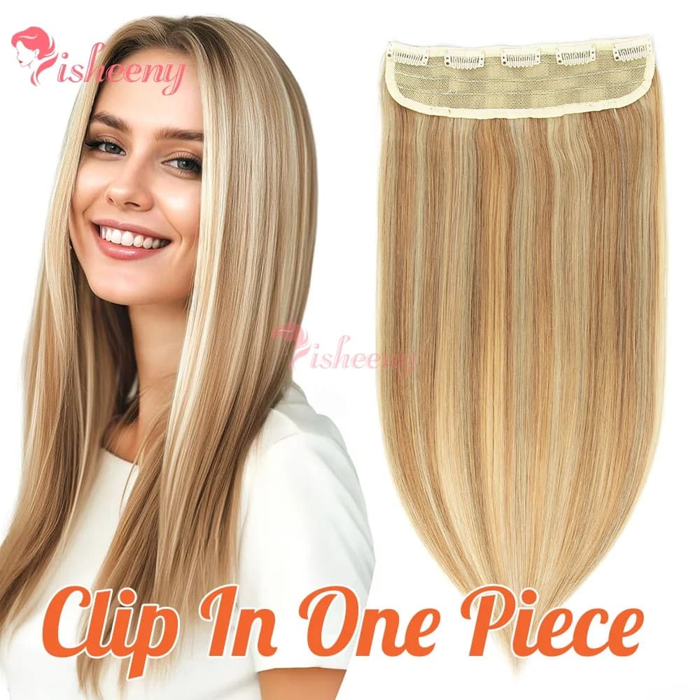 Highlight Clip in Human Hair Extension One Piece 14-22 Inches Natural Straight Highlight Blonde 5 Clips on Hair Weft Lightweight