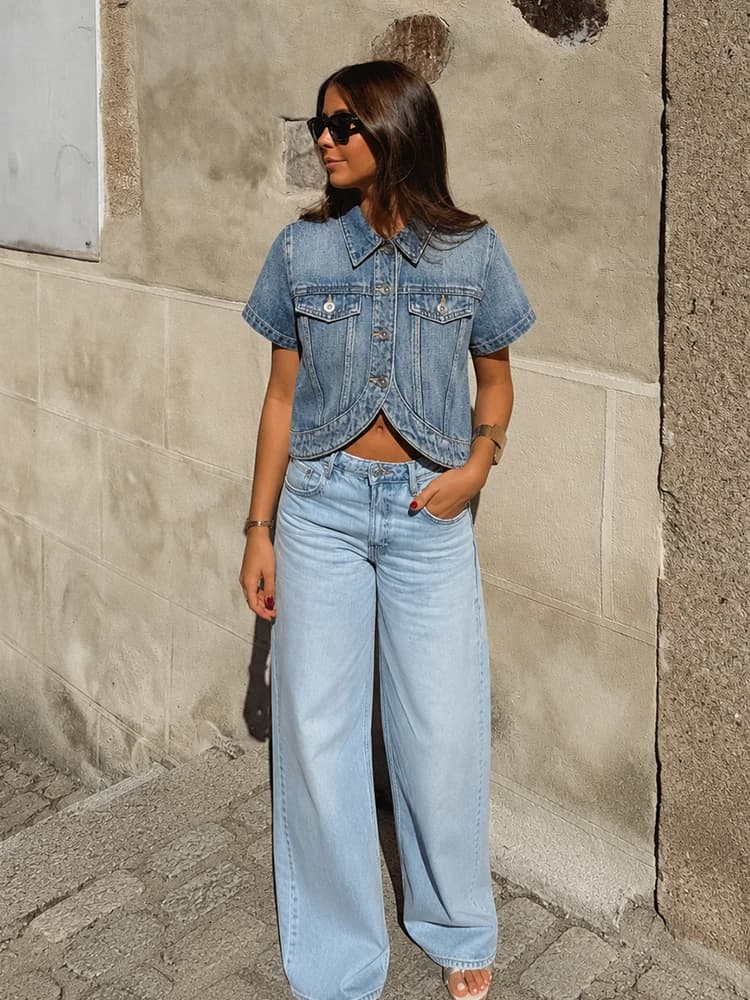 HH Vintage Denim Crop Jacket Spring Summer Lapel Neck Metal Buttons Asymmetric Curved Hem Jean Coat For Y2K Street Outfit