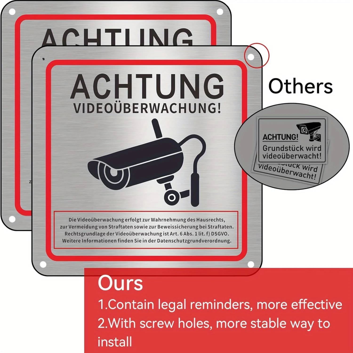 Aluminum Alloy Wall Surveillance Camera Signpost - German Text and Symbols - Metal Safety System Plate