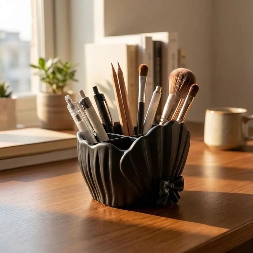 3D Printed Shell Shaped Toothbrush Holder Shell Shaped Bow Lace Makeup Brush Storage Box Decorative Four-Compartment