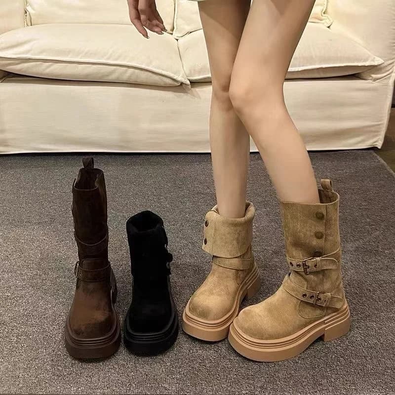 Women's Long Boots Fashion Platform Growing height Outdoor knight boots Spring Autumn New women's shoes with retro belt buckle