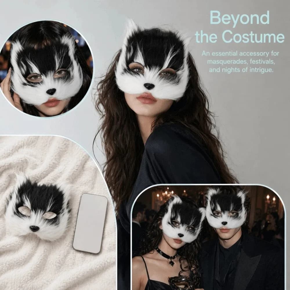 Realistic Plush Cat Mask Animal Long Furry Half Face Mask Mysterious Halloween Decoration Halloween Plush Masks Carnival Party