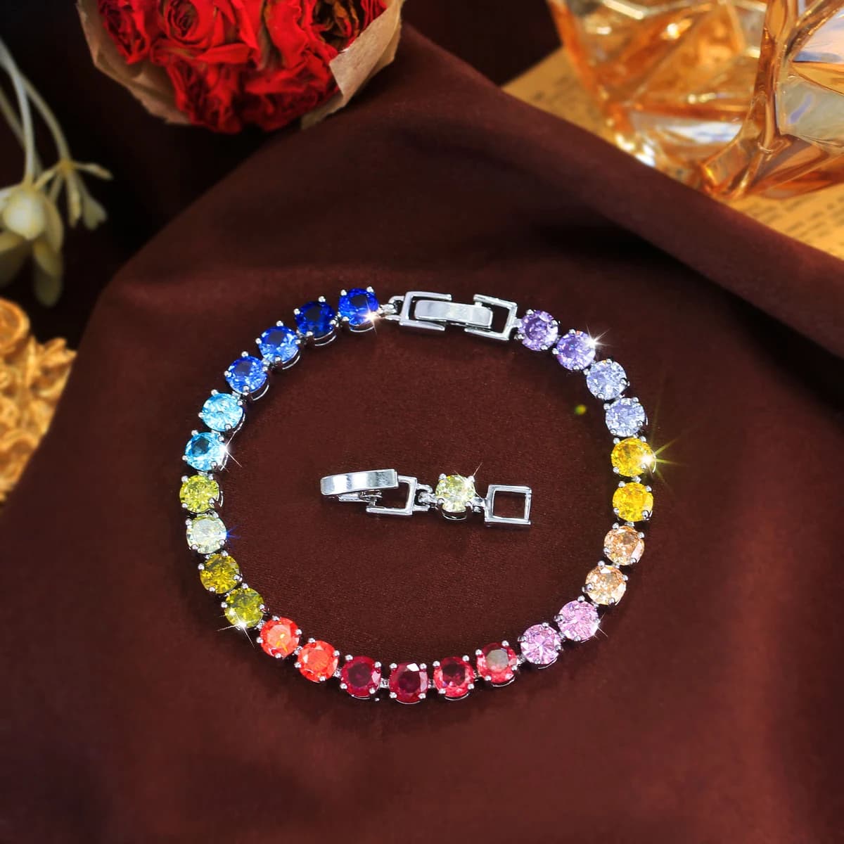 CWWZircons Classic Shiny Colorful Round Cubic Zirconia Link Chain Tennis Bracelets for Women Wedding Party Jewelry Gifts S0320