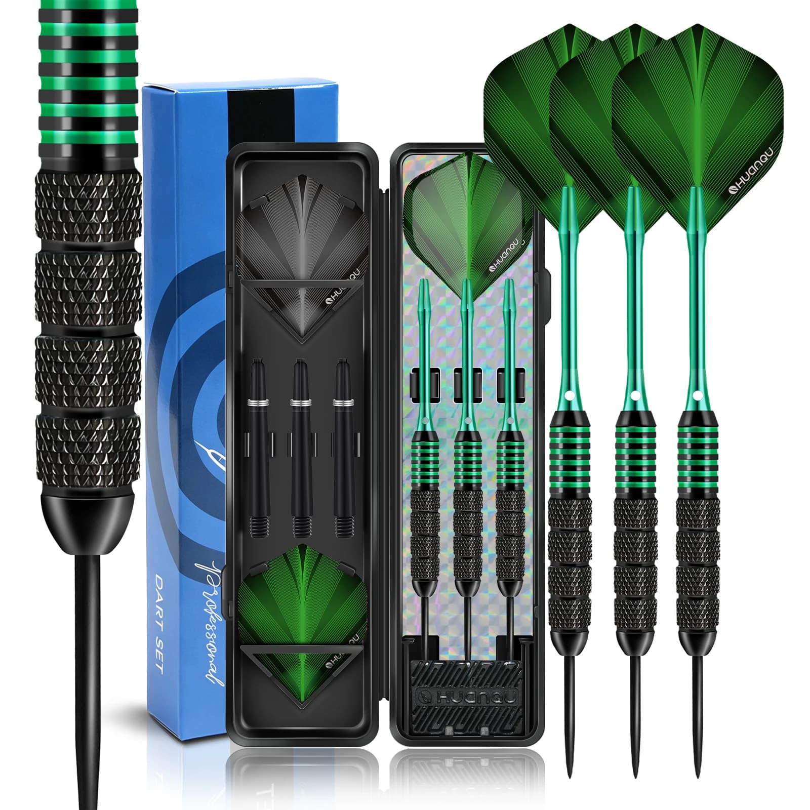 HUANQU 24g Iron Steel Tip Darts Set, 3pcs Professional Darts, Black Green, 3 Shafts, 3 Flights, Carry Case, Training & Games