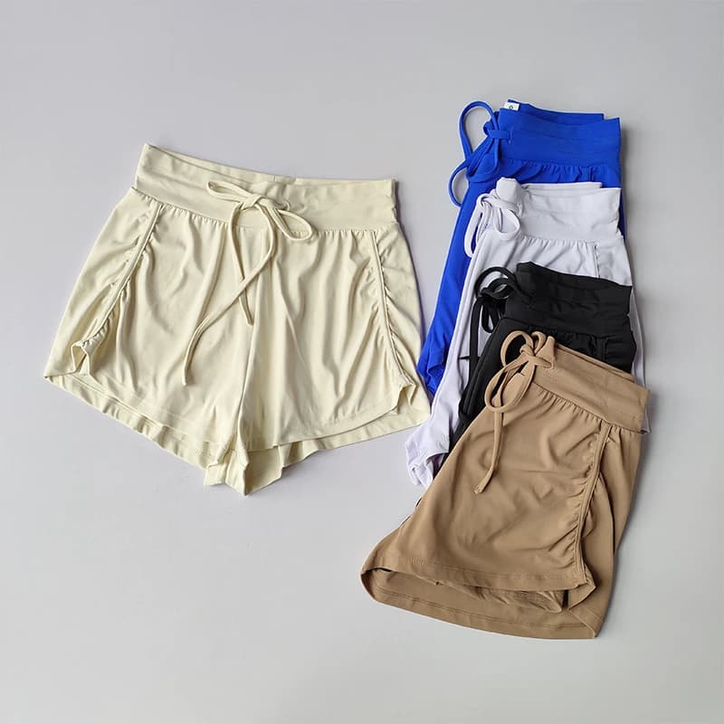 Pantaloncini sportivi da donna finti in due pezzi a vita alta con coulisse pantaloncini da corsa da Yoga ad asciugatura rapida per abbigliamento esterno